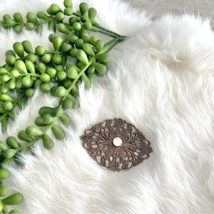 Vintage Faux Bronze Filigree Brooch Pin with Rhinestone Accent